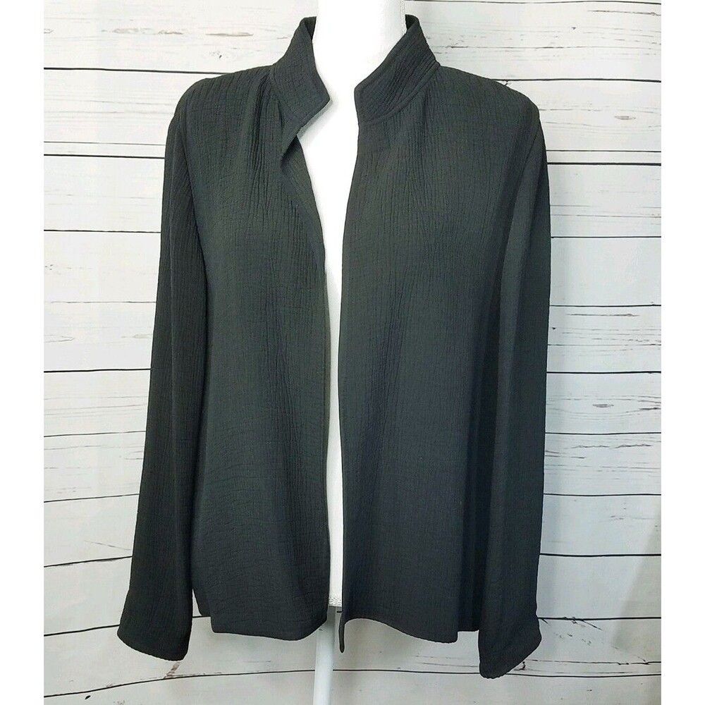 Eileen Fisher Open Jacket M Textured Rayon Silk Black Mock Neck Magnetic Snap